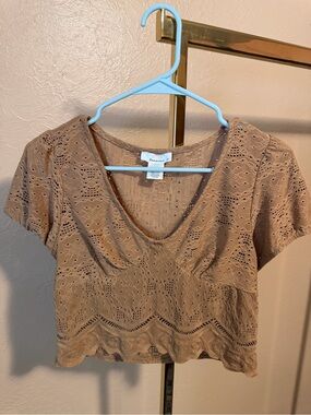 Free people urban romantics Tan Eyelet Cropped V-Neck Top